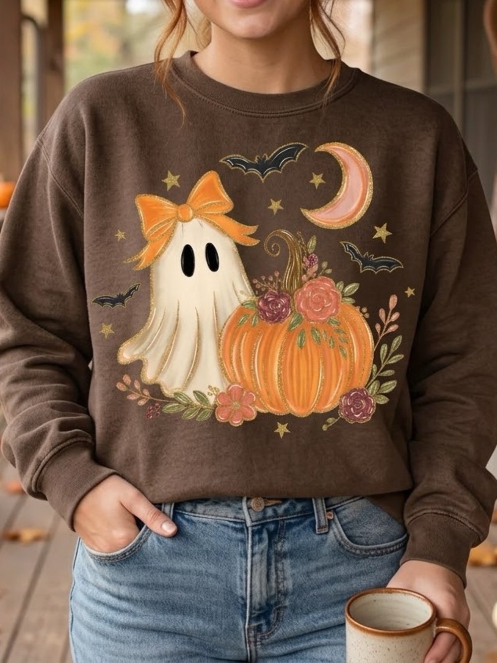 Cozy Brown Halloween Ghost & Pumpkin Sweatshirt - Women's Fall Pullover